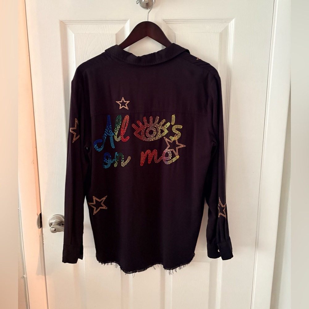 MF Black Button-Up Shirt with Gold Star Details. NWT. Size XS